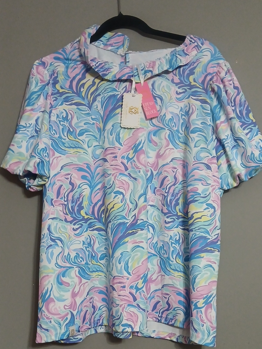 Simply Southern Pastel Swirl Ruffle-Neck Top - Pink Blue Cream
